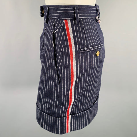 THOM BROWNE Size 0 Navy White Wool Cashmere Pinstripe Cuffed Mini Skirt