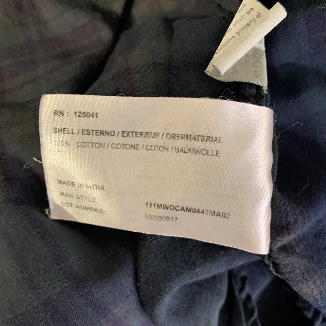 WOOLRICH Size L Navy Green Plaid Cotton Band Collar Long Sleeve Shirt