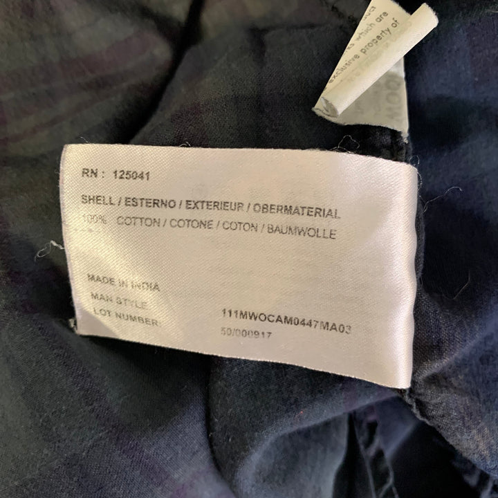 WOOLRICH Size L Navy Green Plaid Cotton Band Collar Long Sleeve Shirt