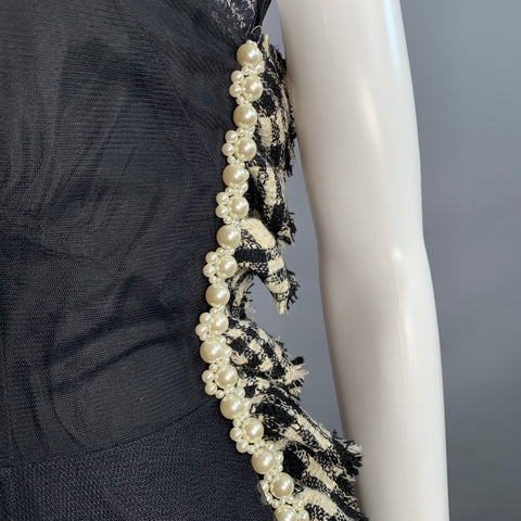 SIMONE ROCHA Size 6 Black White Viscose Blend Mesh Faux Pearls Plaid Trim Sleeveless Cocktail Dress