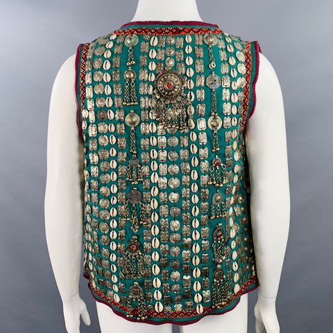VINTAGE Size L Green Silver Beaded Cowrie Shells Open Front Vest