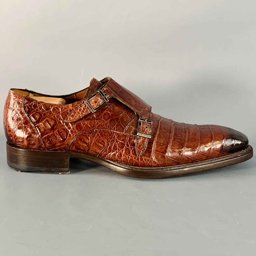 MEZLAN Size 11 Brown Crocodile Leather Double Monk Strap Loafers