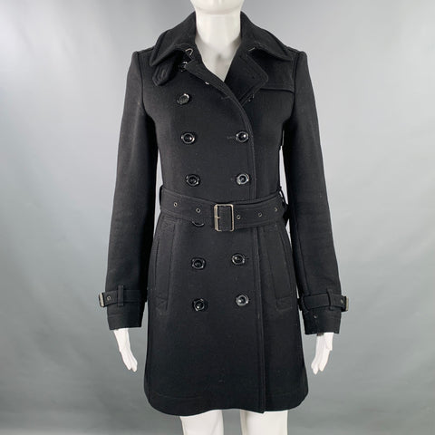 BURBERRY BRIT Size 2 Black Wool Blend Double Breasted Belted Coat