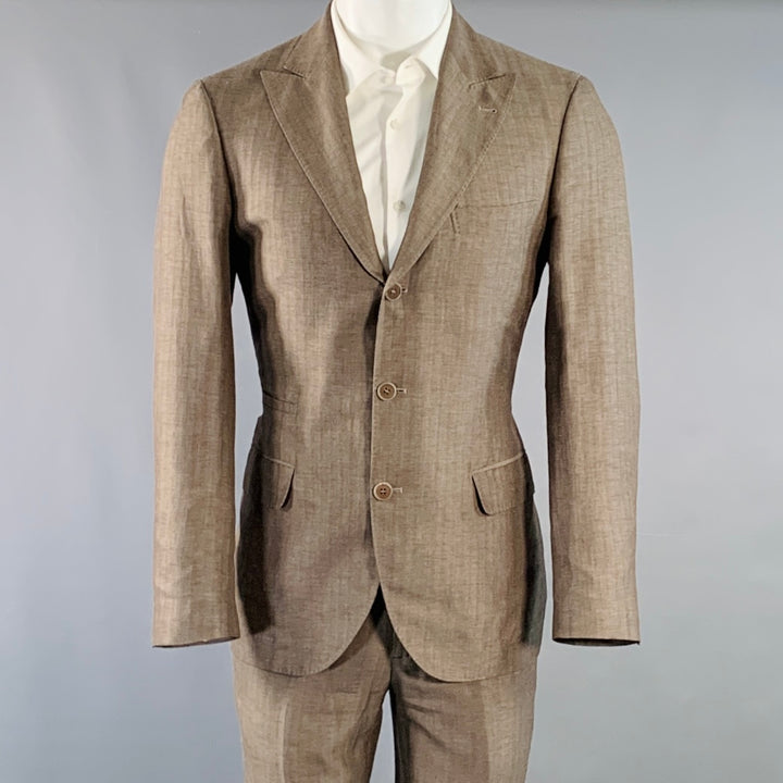 BRUNELLO CUCINELLI Size 38 Brown Herringbone Linen Wool Silk Peak Lapel Suit