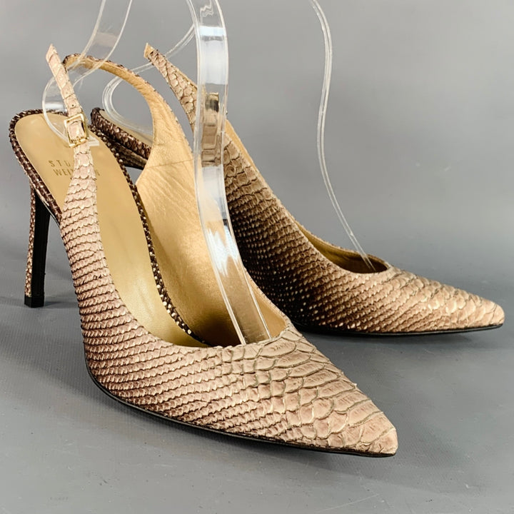 STUART WEITZMAN Size 9.5 Daisy Grey Gold Textured Snakeskin Effect Leather Slingback Pumps