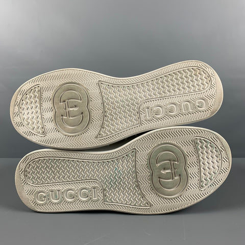 GUCCI Size 11.5 White Monogram Leather Lace Up Sneakers