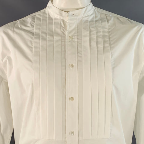 NILI LOTAN Size L White Cotton Pleated Collarless Tuxedo Long Sleeve Shirt