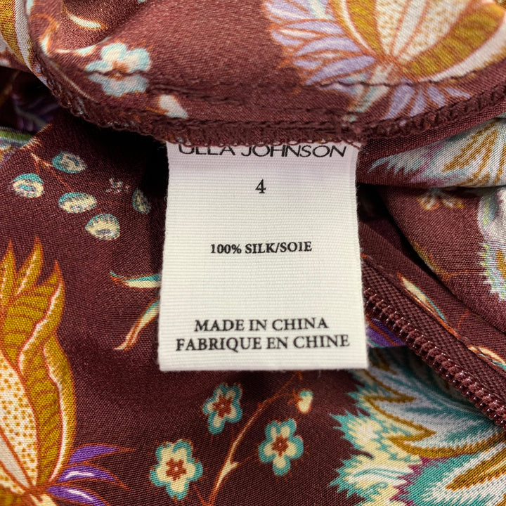 ULLA JOHNSON Size 4 Heleen Burgundy Multi Color Silk Floral Short Sleeve Dress