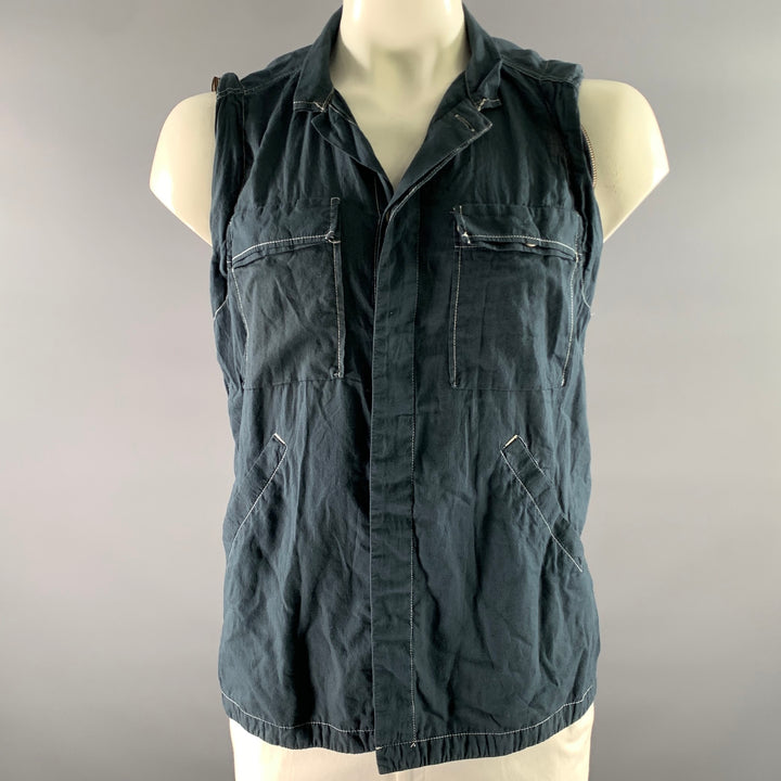 NICE COLLECTIVE Size XL Navy Contrast Stitch Cotton Zipper Sleeve Shirt
