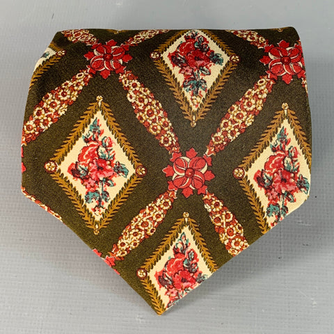 VALENTINO Brown Red Beige Framed Floral Silk Tie