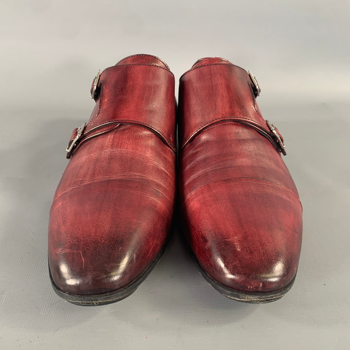MASSIMO MATTEO Size 9.5 Burgundy Crackled Leather Monk Strap Loafers