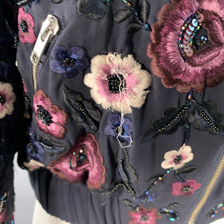 NEEDLE AND THREAD Size 4 Navy Burgundy White Embroidered Floral Bomber Jacket