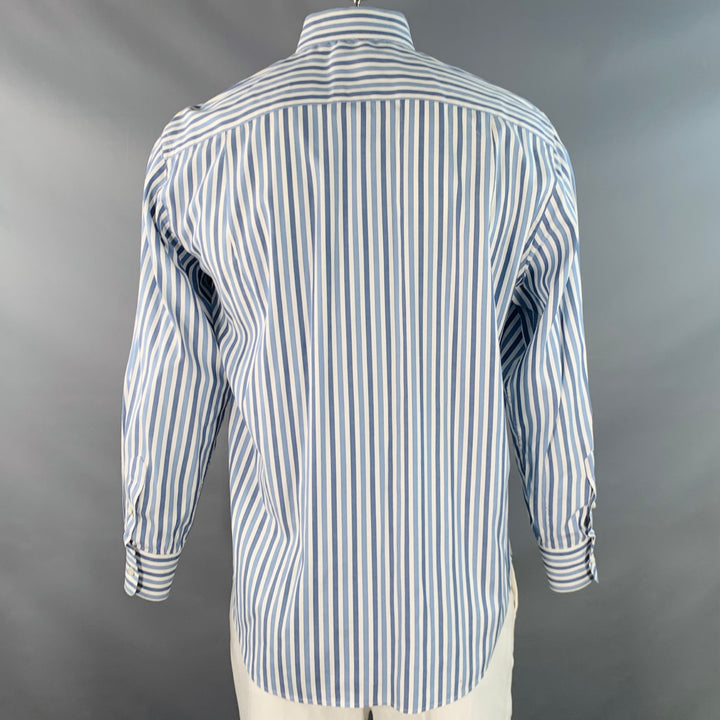 LORO PIANA Size XL Blue White Stripe Cotton One Pocket Long Sleeve Shirt