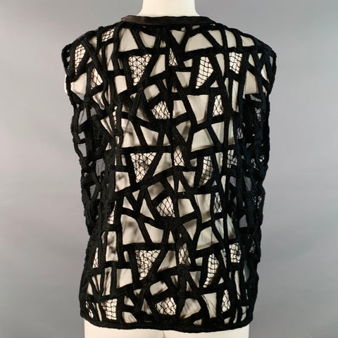 IRO Size 8 Black Mesh Geometric Crew Neck Sleeveless Casual Top