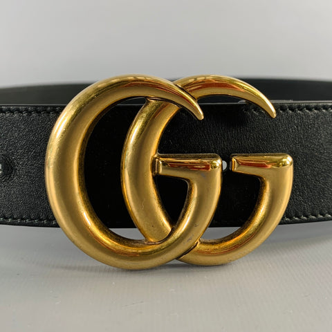 GUCCI Size 38 GG Marmont Black Gold Leather Belt