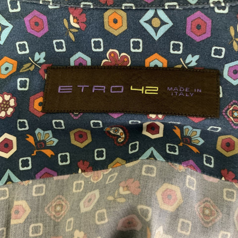 ETRO Size L Navy Multi Color Print Cotton Button Up Long Sleeve Shirt