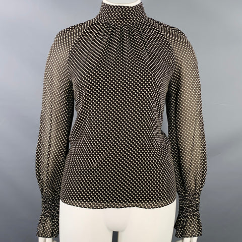 TORY BURCH Size 12 Black Cream Silk Blend Dots High Neck Blouse Casual Top