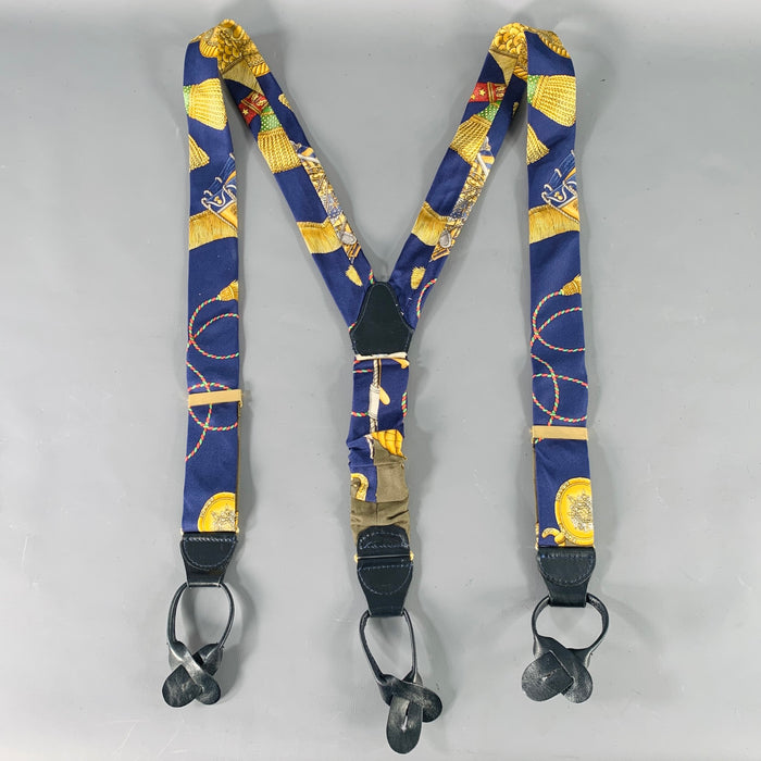 HERMES Black Gold Tassels Satin Leather Suspenders