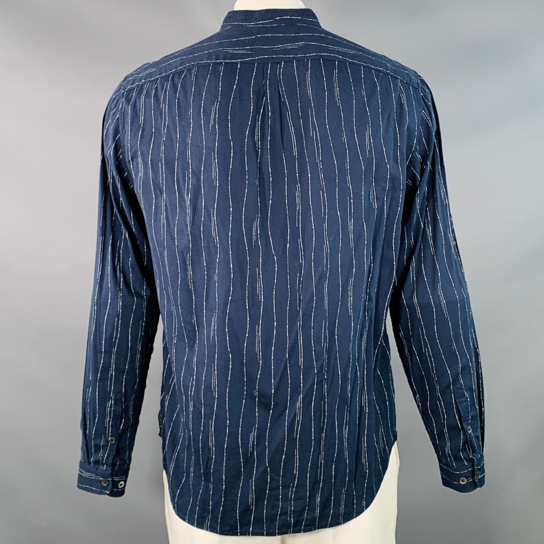 JOHN VARVATOS Size L Navy Grey Wavy Lines Cotton Blend Collarless Long Sleeve Shirt