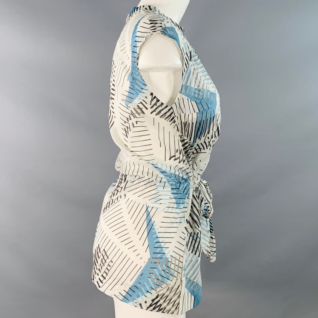 M.GRAY Size 6 White Blue Black Cotton Abstract Stripe Sleeveless Casual Top