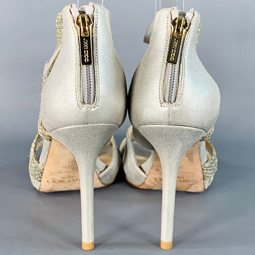JIMMY CHOO Size 6.5 Grey Silver Glittery Leather Platform Stiletto Sandals