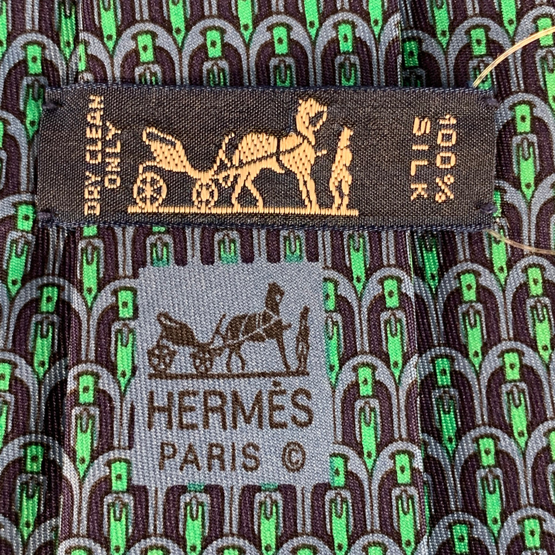 HERMES Navy Green Equestrian Silk Tie