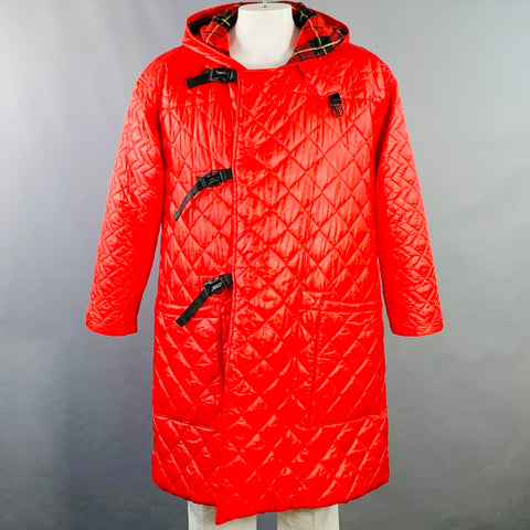 MONITALY Size L Red Quilted Nylon Hooded Buckle Clasp Coat