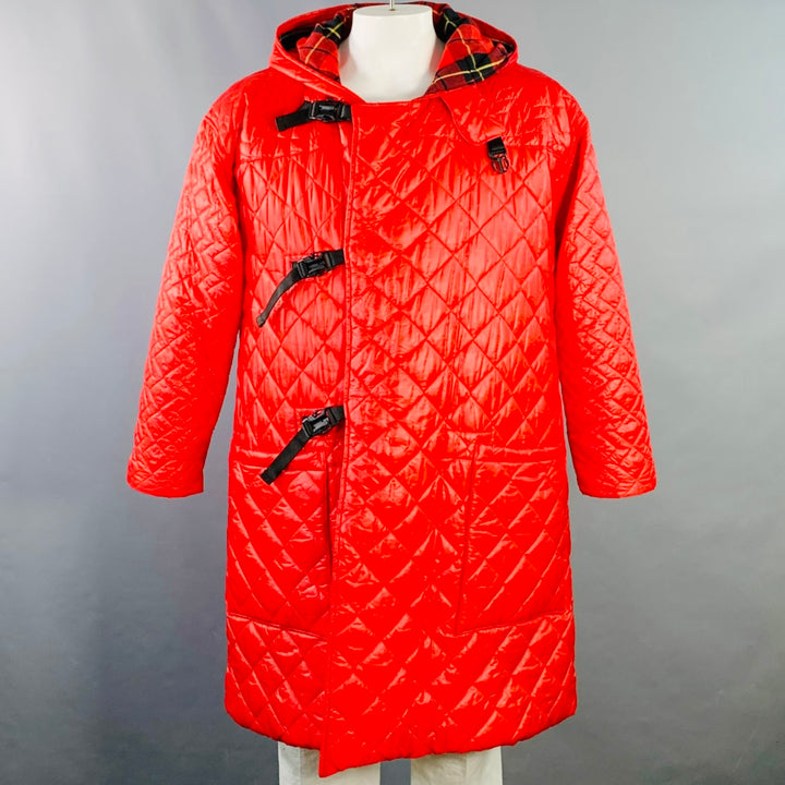 MONITALY Size L Red Quilted Nylon Hooded Buckle Clasp Coat