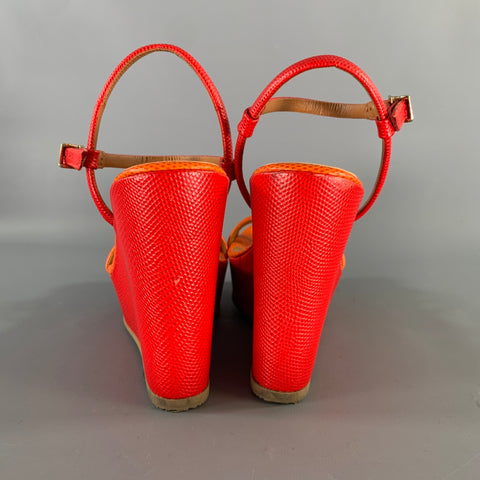 FENDI Size 7 Red Orange Leather Color Block Embossed Wedge