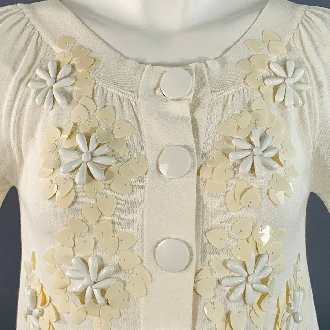 NANETTE LEPORE Size XS Cream White Cotton Blend Beaded Floral Cropped Cardigan