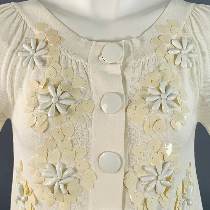 NANETTE LEPORE Size XS Cream White Cotton Blend Beaded Floral Cropped Cardigan
