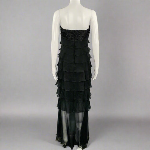 SHAWN RAY FONS Size 6 Black Silk Lace Ruffle Long Cocktail Dress