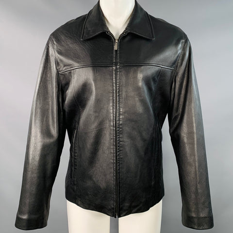 JOSEPH ABBOUD Size M Black Leather Spread Collar Zip Up Jacket