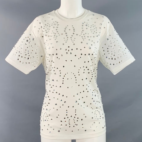 CYNTHIA ROWLEY Size M White Polyester Blend Mesh Rhinestone Studded Crew Neck T-Shirt
