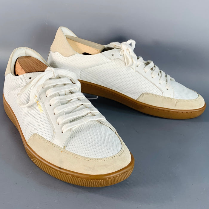 SAINT LAURENT Size 9 White Beige Perforated Leather Sneakers
