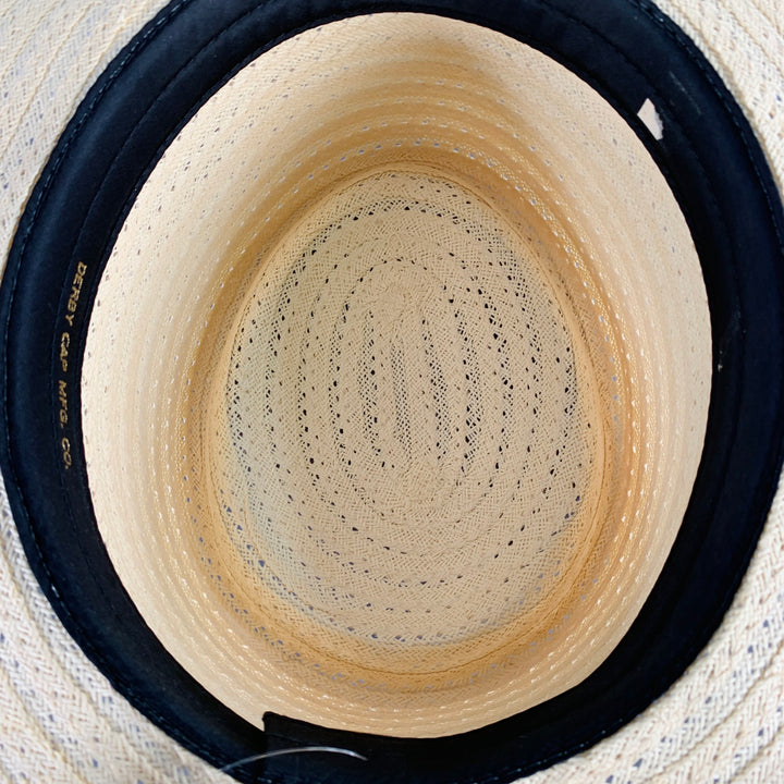 VINTAGE Size L Beige Navy Red Ribbon Trim Woven Straw Hat