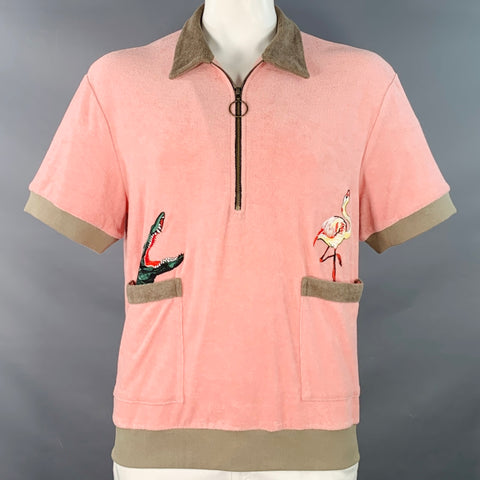 TOMBOLO Size XL Flamingo Tartare Pink Taupe Applique Organic Cotton 1/4 Zip Short Sleeve Shirt