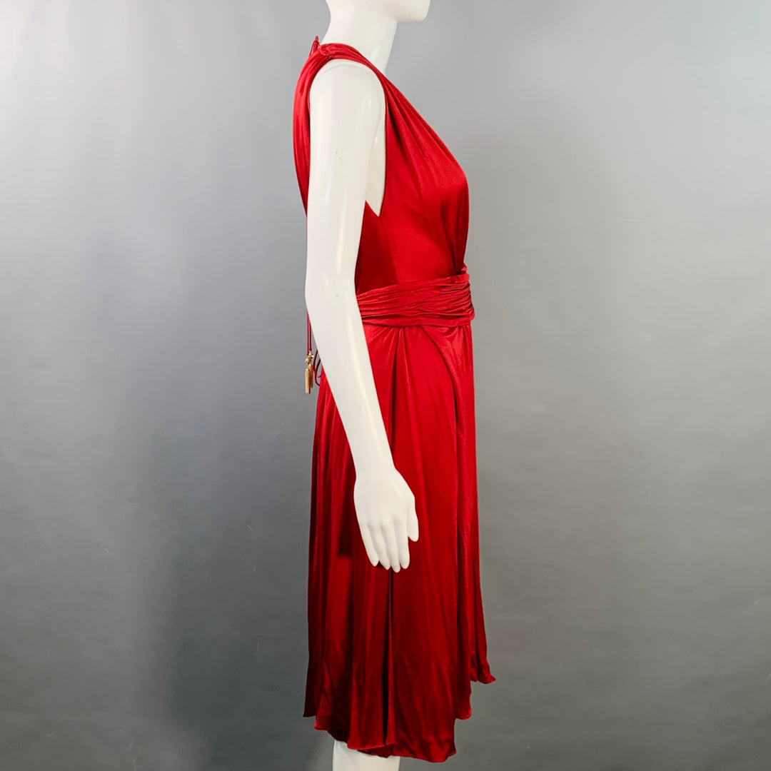 AZZARO Size 6 Woven Venus Red Viscose Plunging V-Neck Knee Length Cocktail Dress