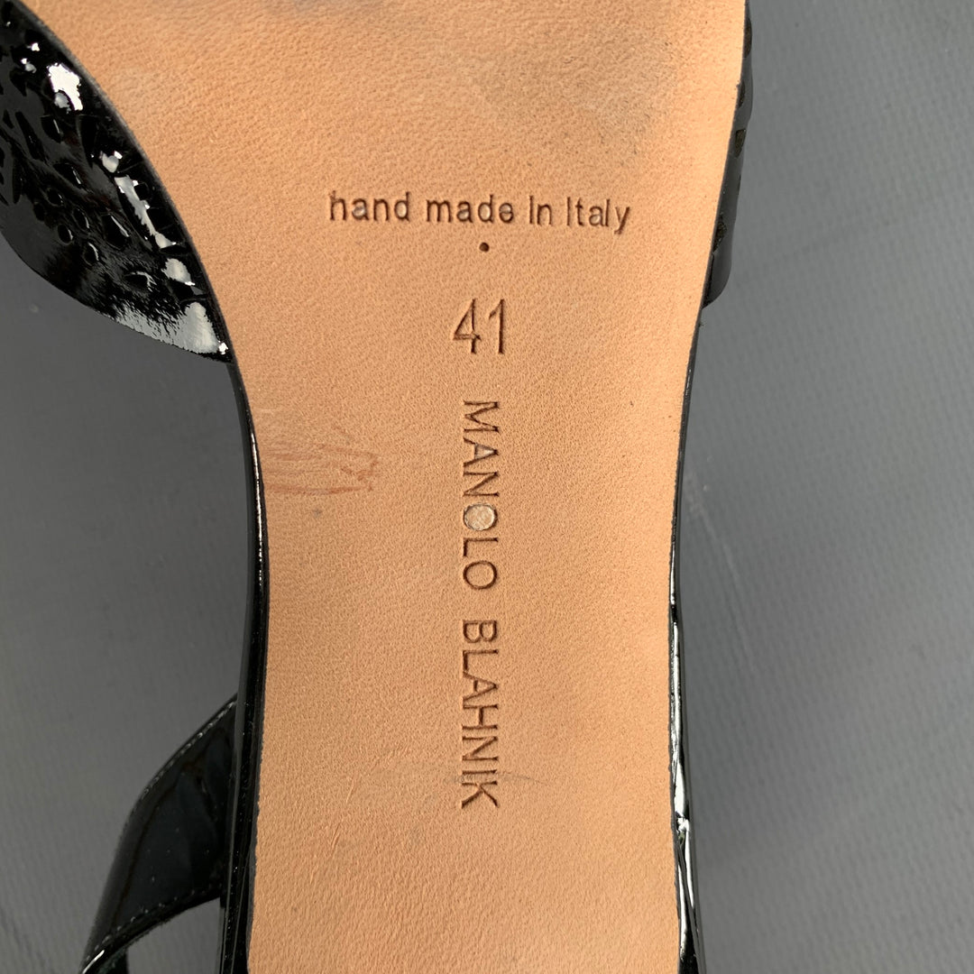 MANOLO BLAHNIK Size 11 Black Perforated Patent Leather Slingback Pumps