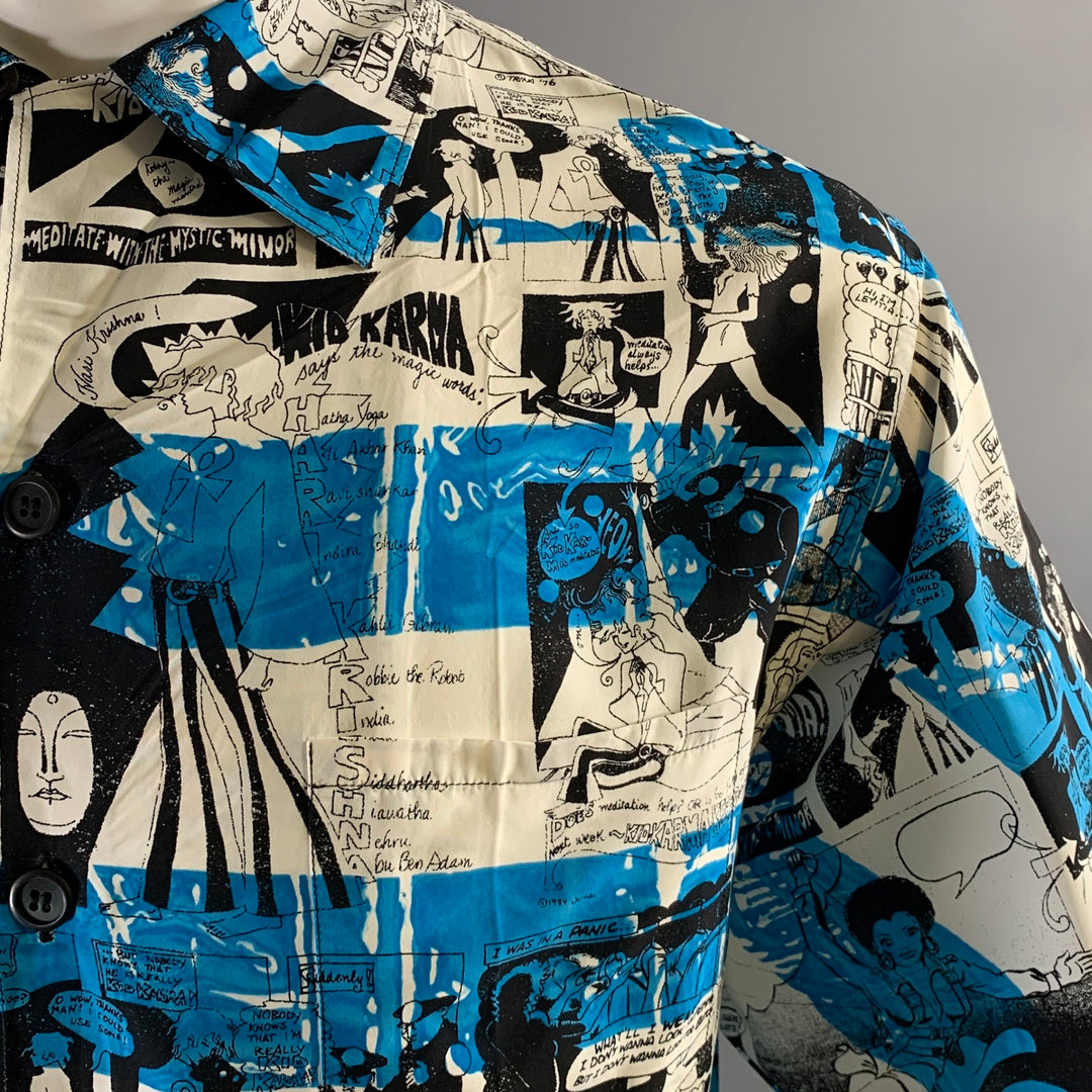 PRADA Size XS Blue Black & White Print Viscose Camp Short Sleeve Shirt