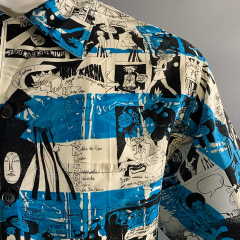 Chemise Prada à manches courtes en viscose à imprimé bande dessinée bleu, noir et blanc, taille XS