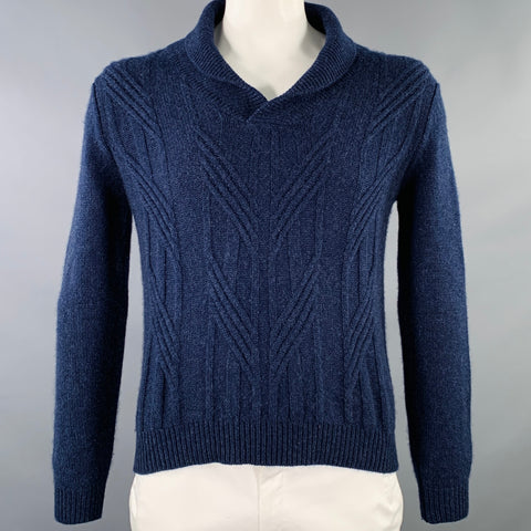 BARNEY'S NEW YORK Taille XL Pull en Cachemire Col Châle Maille Torsadée Bleu Marine