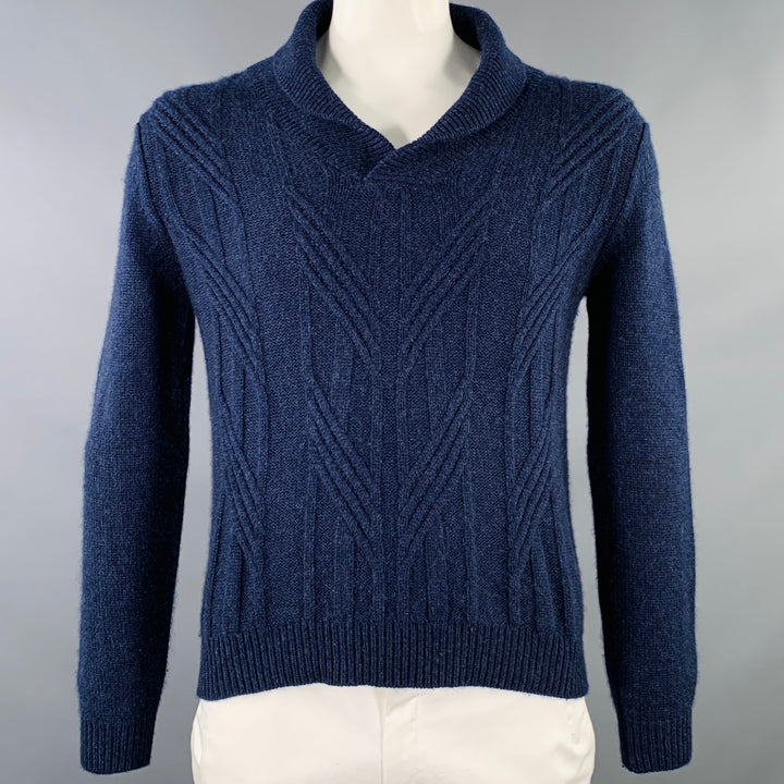 BARNEY'S NEW YORK Size XL Navy Cable Knit Cashmere Shawl Collar Sweater