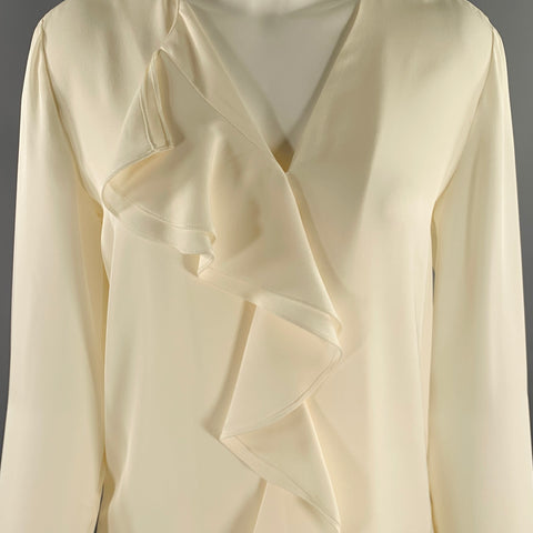 THEORY Size M Cream Silk Ruffled Long Sleeve Blouse
