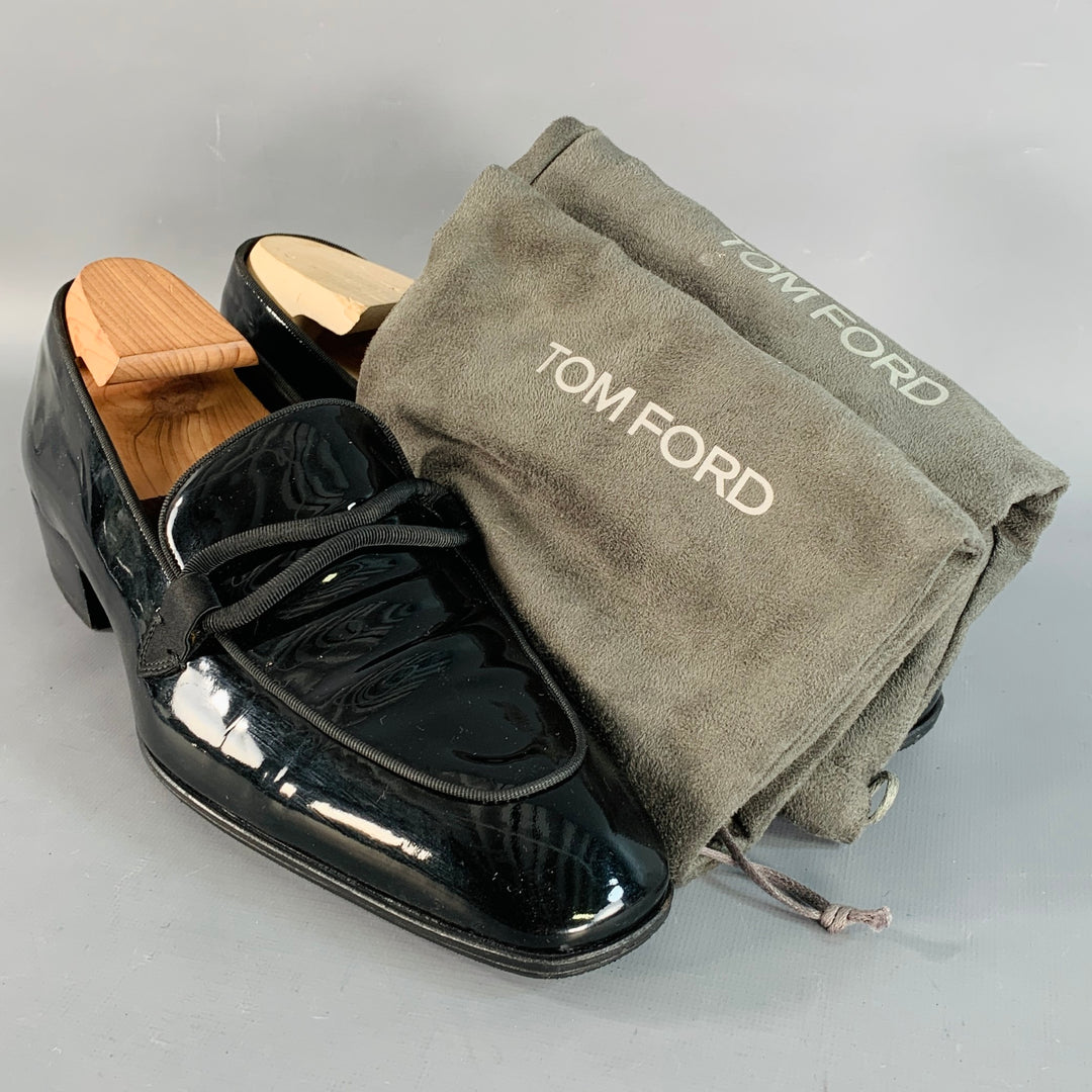 TOM FORD Size 10.5 Nero Black Patent Leather Grosgrain Trim Slip On Loafers