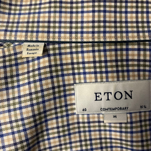 ETON Size 40 White and Multi Color Plaid Cotton Button Down Long Sleeve Shirt
