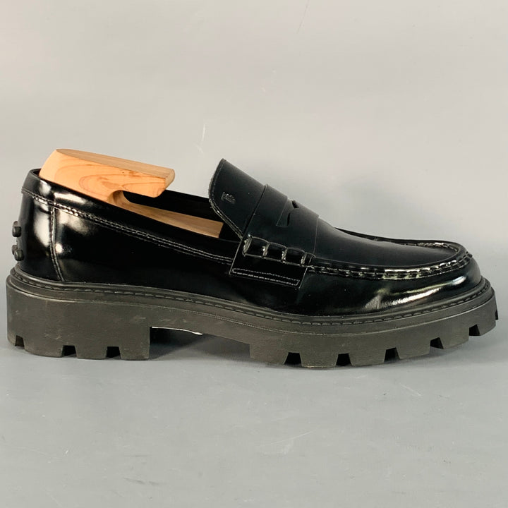 TOD'S Size 11 Black Patent Leather Lug Sole Penny Loafers Flats