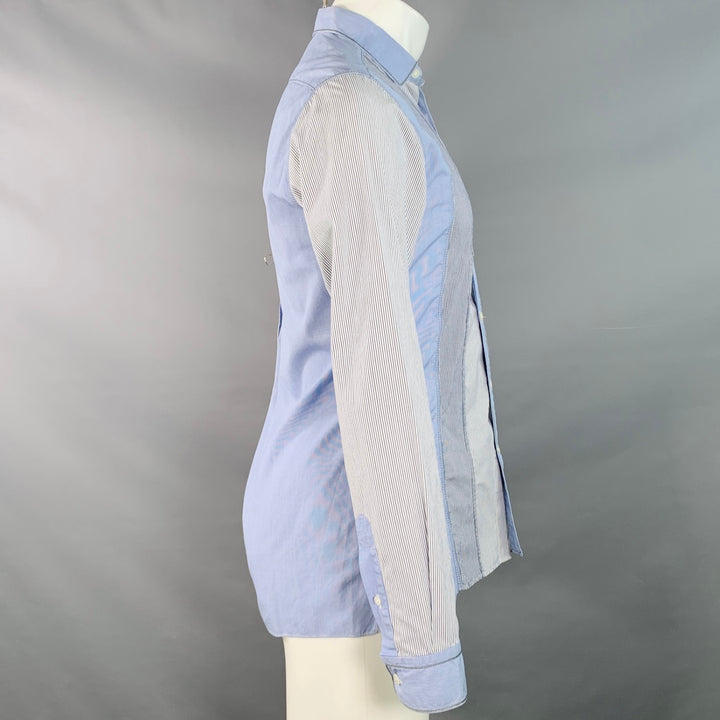LANVIN Size S White Blue Navy Patchwork Stripe Cotton One Pocket Long Sleeve Shirt