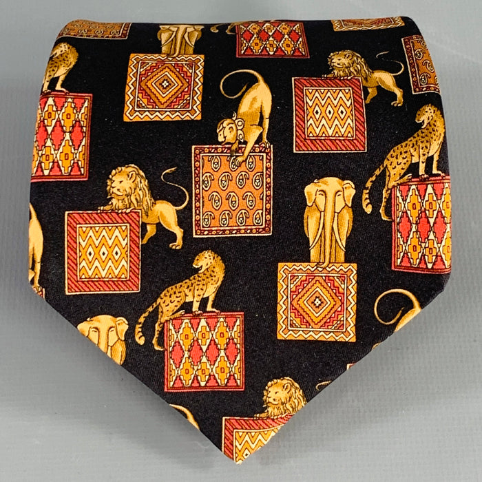 SALVATORE FERRAGAMO Black Gold Burgundy Animals Silk Tie