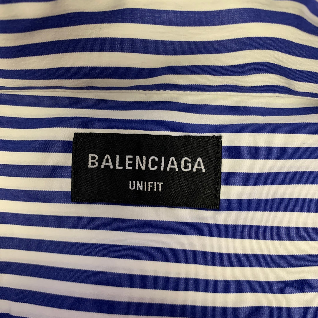 BALENCIAGA Size XXS Blue White Stripe Cotton Button Down Asymmetrical  Sleeve Shirt